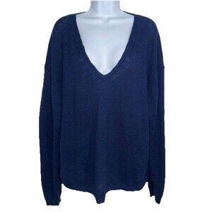 J. Crew V Neck Beach Sweater Navy Blue Cotton Long Sleeve Women X-Large